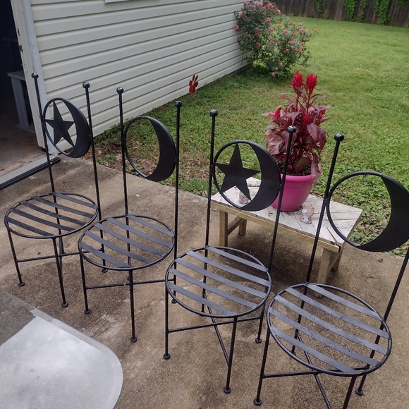 Antique French Wrought Iron Forged Outdoor Chairs w Wrought Iron Glass Top Table - Picture 2 of 16